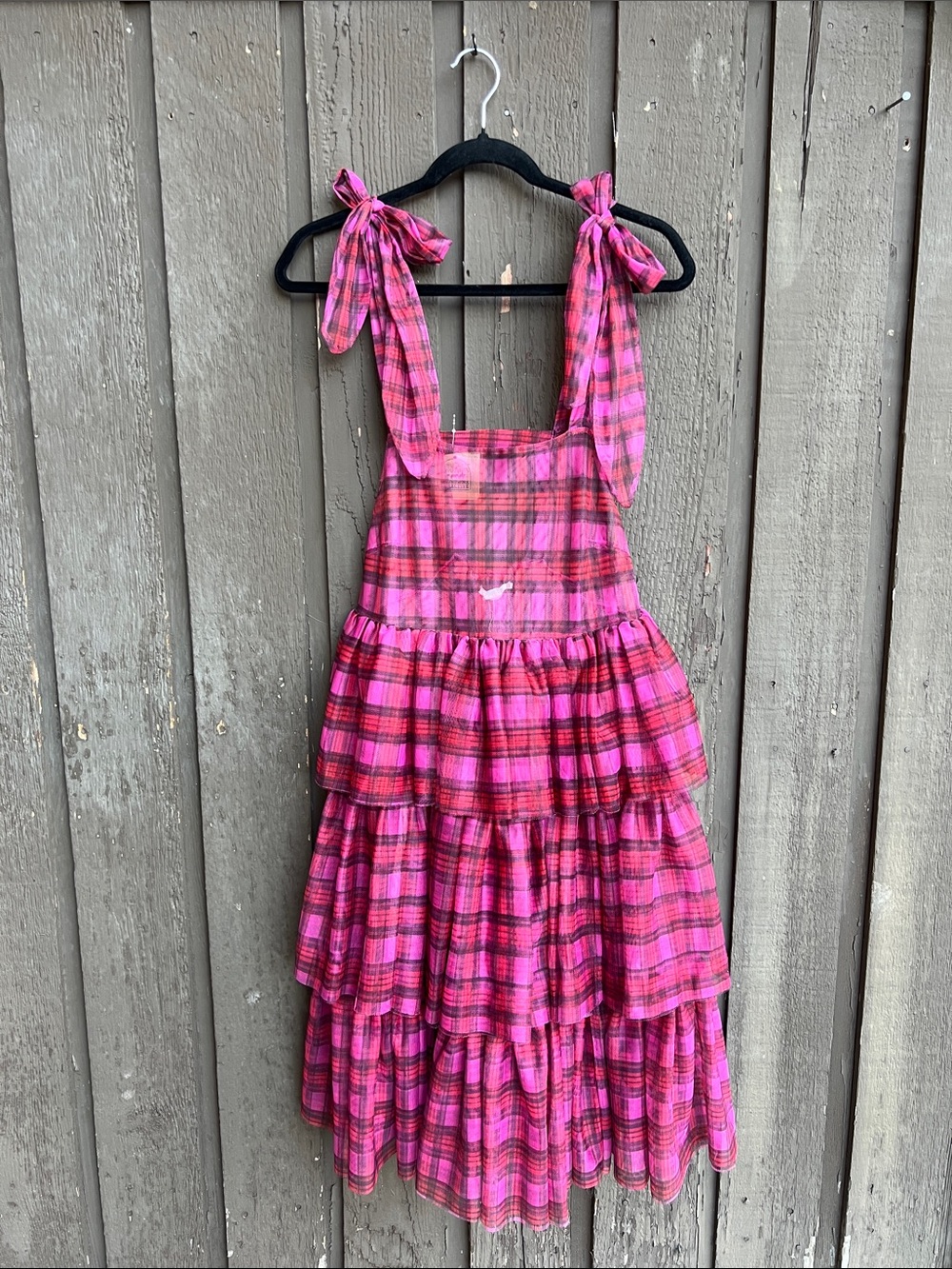 Kimchi Blue Pink Plaid Tiered Sundress with Tie Straps